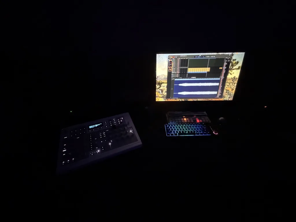 Studio setup at night, MPC and keyboard lit up in front of a monitor showing a Bitwig session
